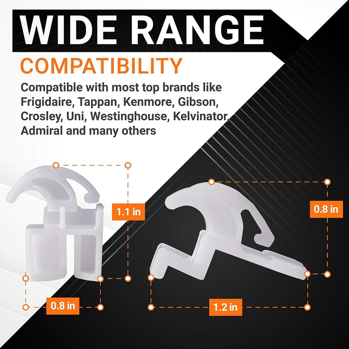 Dimensional diagram of range oven drawer glide replacement parts with compatibility list.