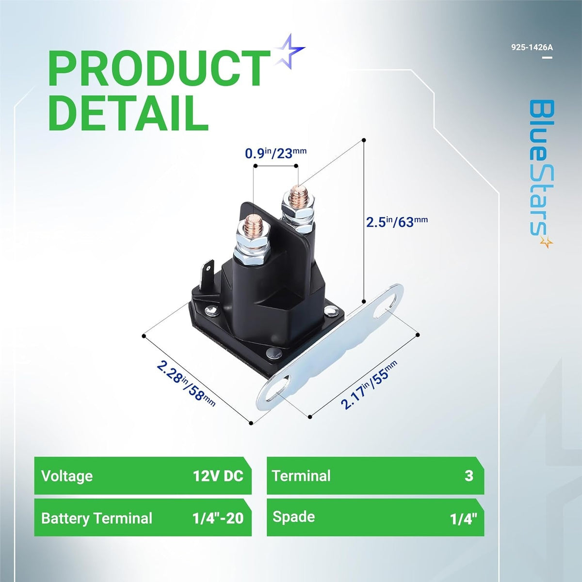 Dimensional diagram of 725-1426 starter solenoid showing measurements and technical specifications.