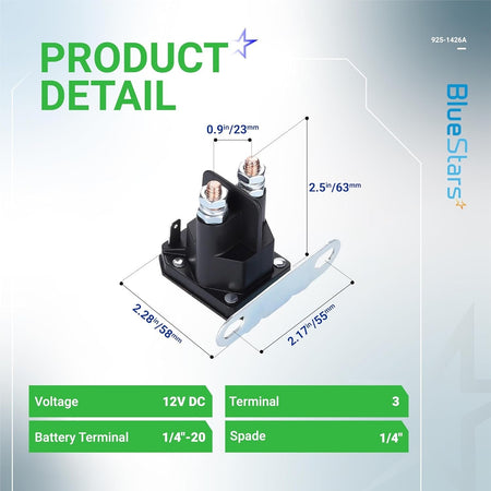Dimensional diagram of 725-1426 starter solenoid showing measurements and technical specifications.