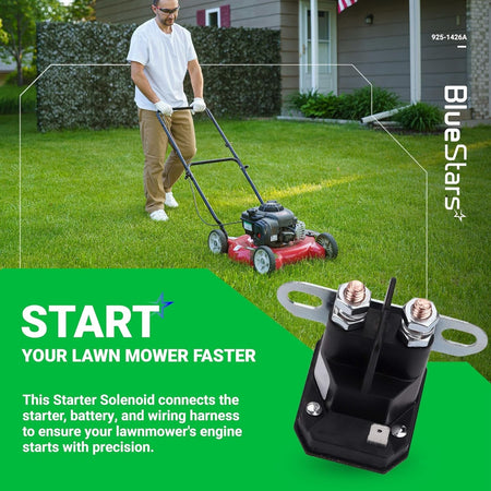 725-1426 starter solenoid for lawn mowers shown in a lifestyle graphic with a man mowing the lawn.