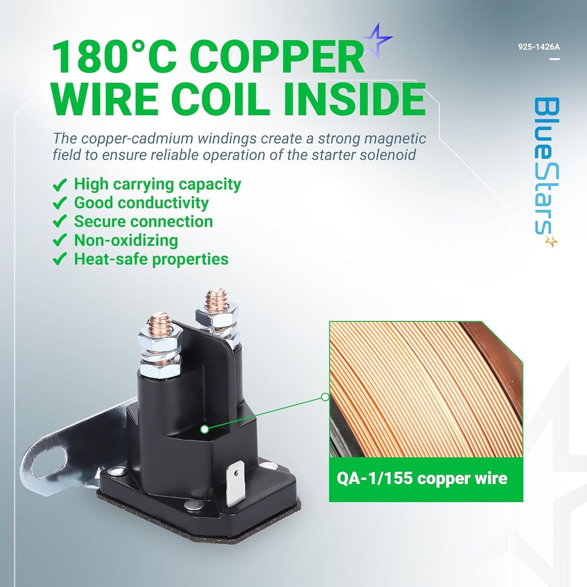Infographic showing 725-1426 starter solenoid with 180°C copper wire coil detail for mower compatibility.