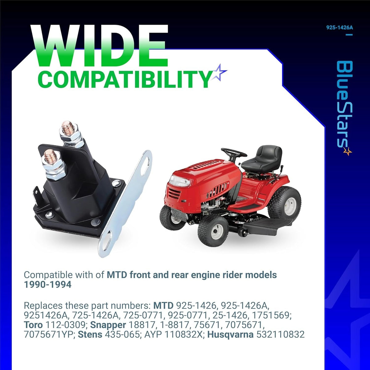 725-1426 starter solenoid for MTD riding lawn mowers with compatibility and replacement part number information.