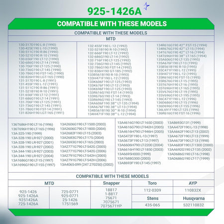 Compatibility chart for 725-1426 starter solenoid listing MTD, Snapper, Toro, and AYP mower model numbers.