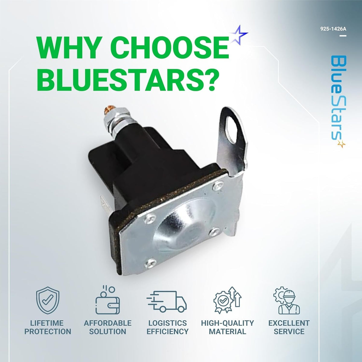 725-1426 starter solenoid replacement part for lawn mowers shown on a branded BlueStars promotional graphic.