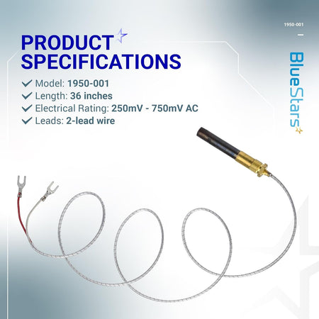 Robertshaw 1950-001 36-inch thermopile with 2-lead wire and product specifications chart.