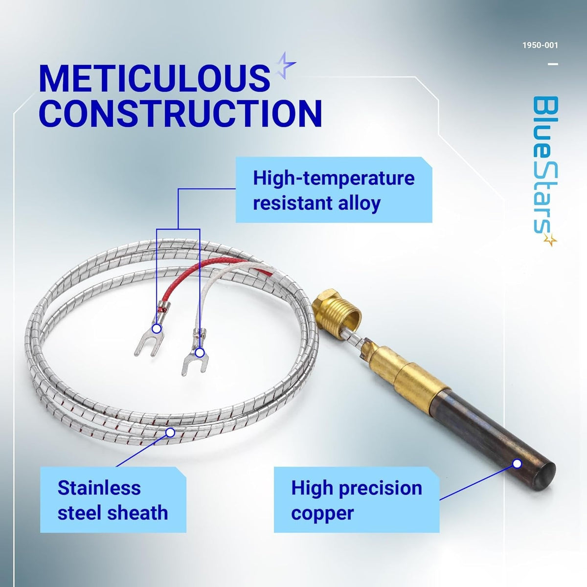 Robertshaw 1950-001 thermopile showing stainless steel sheath, high-temperature alloy leads, and copper sensor tip.