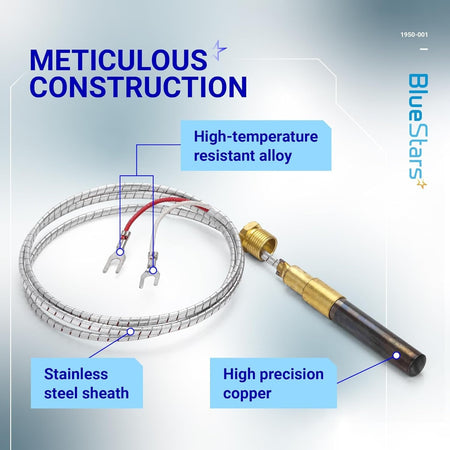 Robertshaw 1950-001 thermopile showing stainless steel sheath, high-temperature alloy leads, and copper sensor tip.