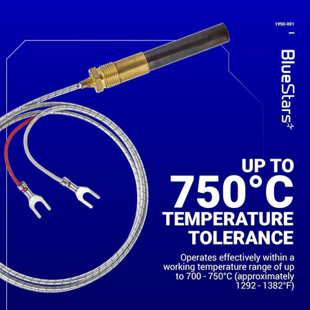 Robertshaw 1950-001 thermopile with 2-lead wire and spade connectors on a blue background with temperature specs.