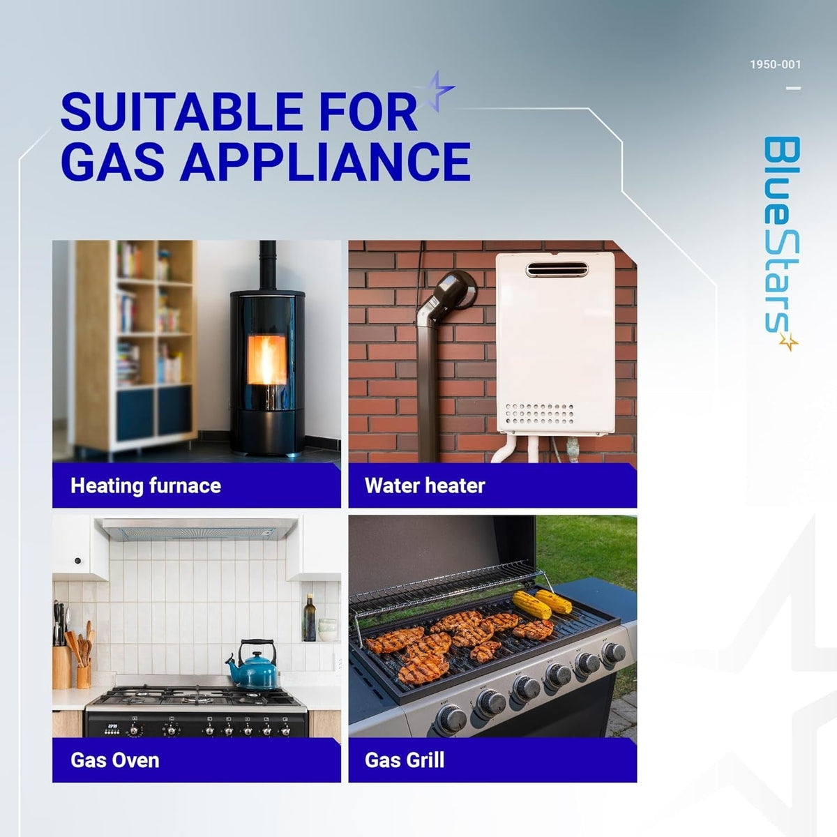 Robertshaw 1950-001 thermopile compatibility chart showing gas furnace, water heater, oven, and grill applications.