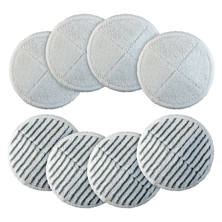 Set of 8 replacement mop pads for Bissell Spinwave hard floor cleaners, including soft and scrubby textured pads.