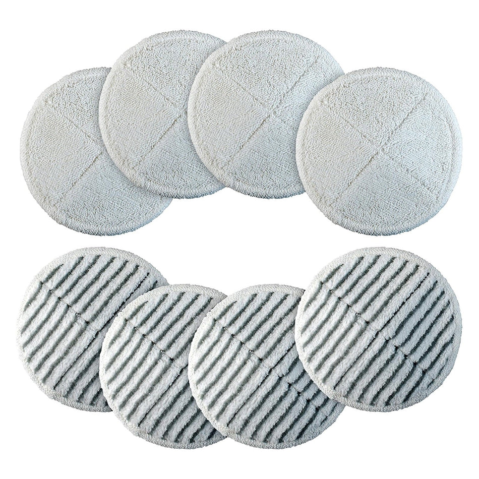 Set of 8 replacement mop pads for Bissell Spinwave hard floor cleaners, including soft and scrubby textured pads.