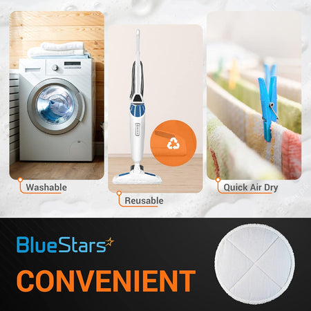 Infographic showing washable, reusable replacement mop pads for Bissell Spinwave hard floor cleaners.