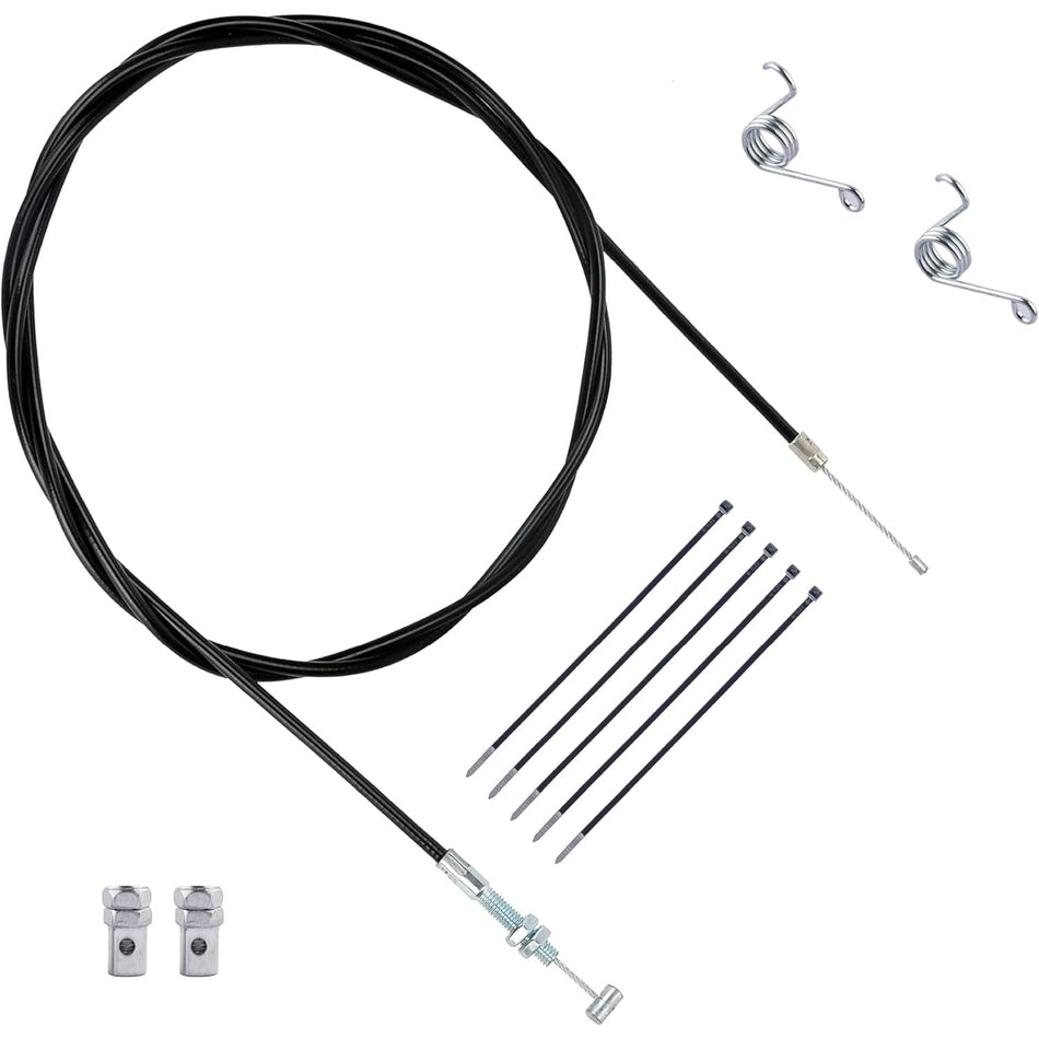 75-inch throttle cable kit with two metal springs, two cable stops, and five black zip ties.