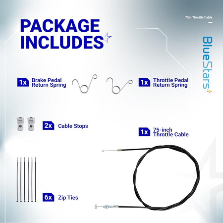 Package contents for 75-inch throttle cable kit including return springs, cable stops, and zip ties.