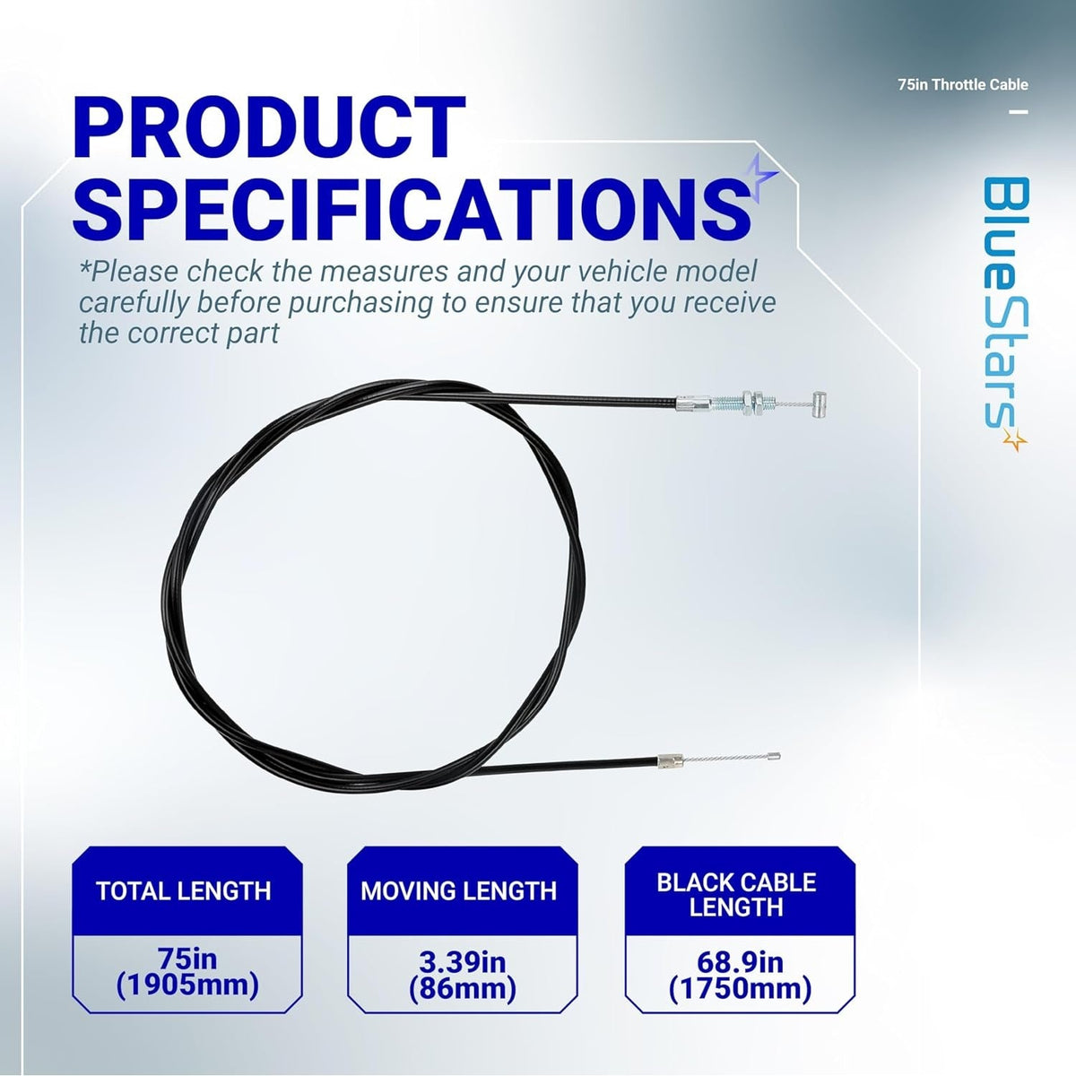 Specification chart for 75-inch throttle cable showing total, moving, and black cable length measurements.