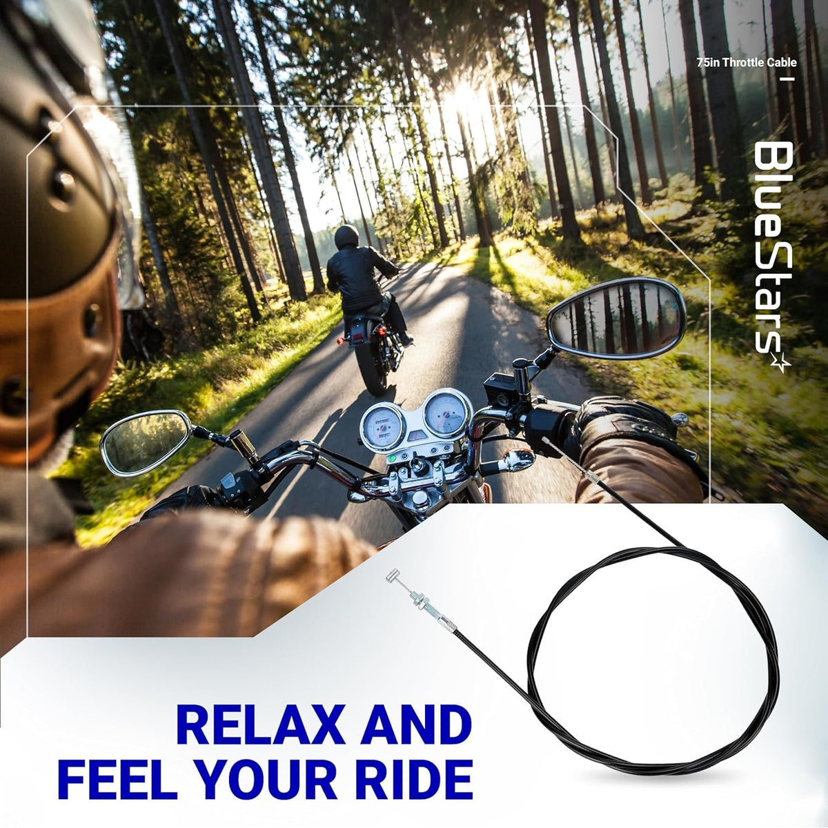 75-inch motorcycle throttle cable coiled on a promotional lifestyle background.