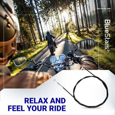75-inch motorcycle throttle cable coiled on a promotional lifestyle background.