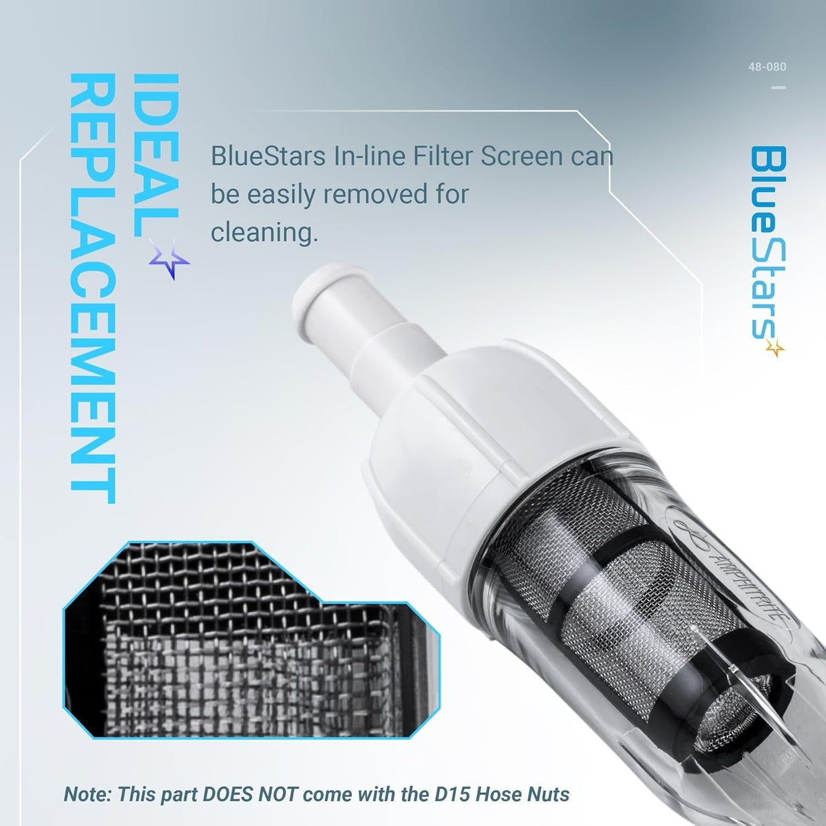 48-080 in-line filter screen assembly for Zodiac Polaris pool cleaners with close-up view of the mesh filter.