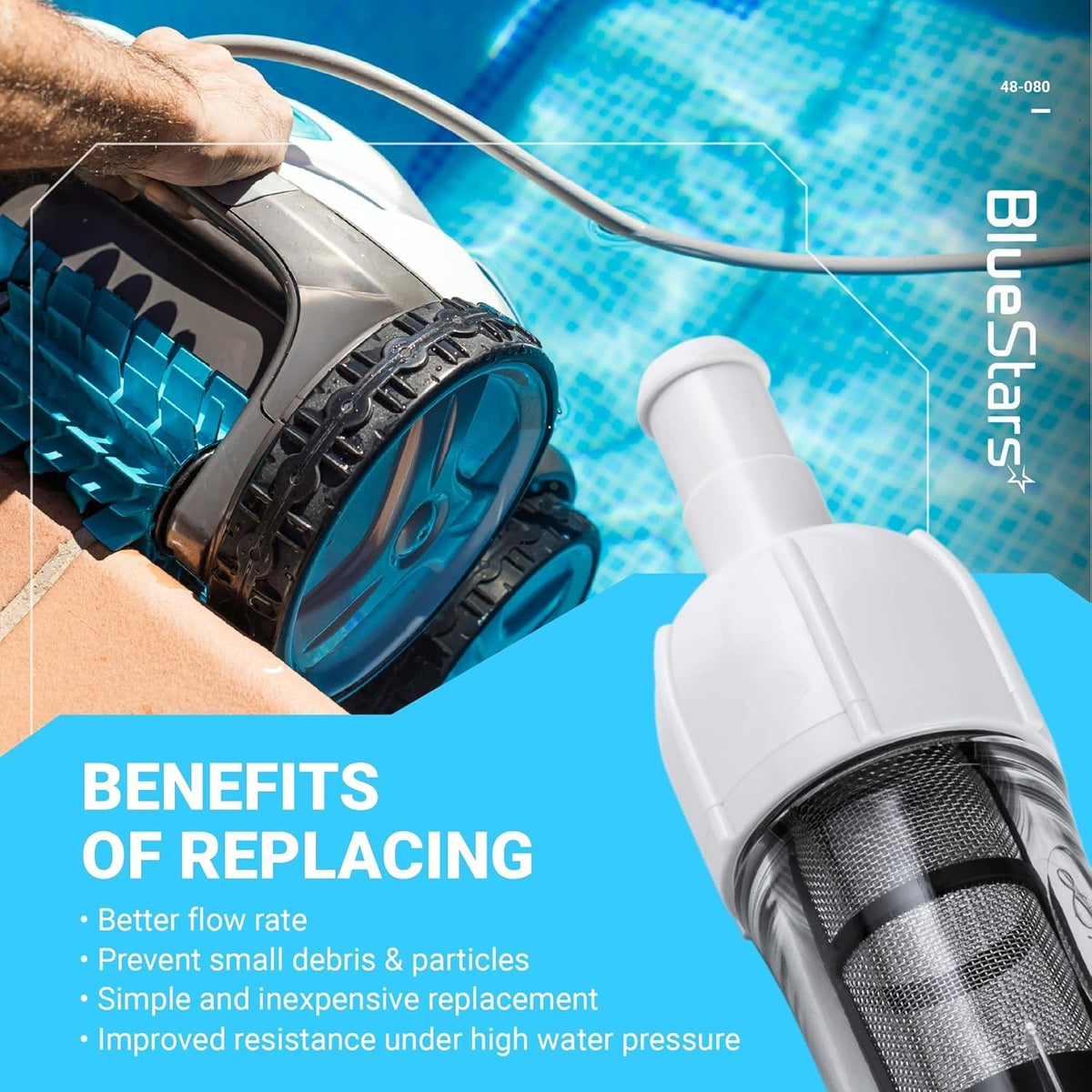 48-080 in-line filter screen assembly for Zodiac Polaris pool cleaners shown in a promotional product graphic.