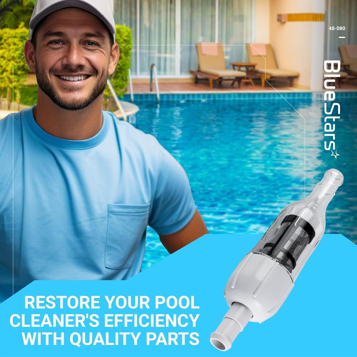 48-080 in-line filter screen assembly for Zodiac Polaris pool cleaners shown in a lifestyle product graphic.