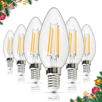 Pack of six C35 E14 European base LED filament candle bulbs with clear glass.