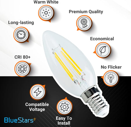 C35 E14 LED bulb with feature icons highlighting warm white light, long-lasting performance, and flicker-free technology.