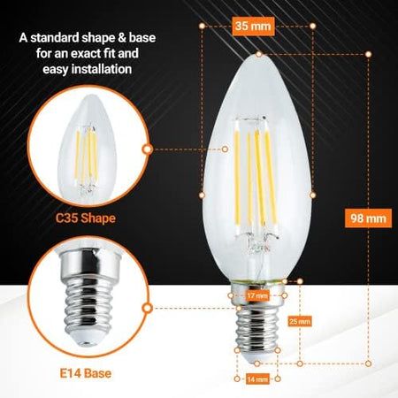 C35 E14 LED bulb dimension diagram showing shape, base size, and height measurements.