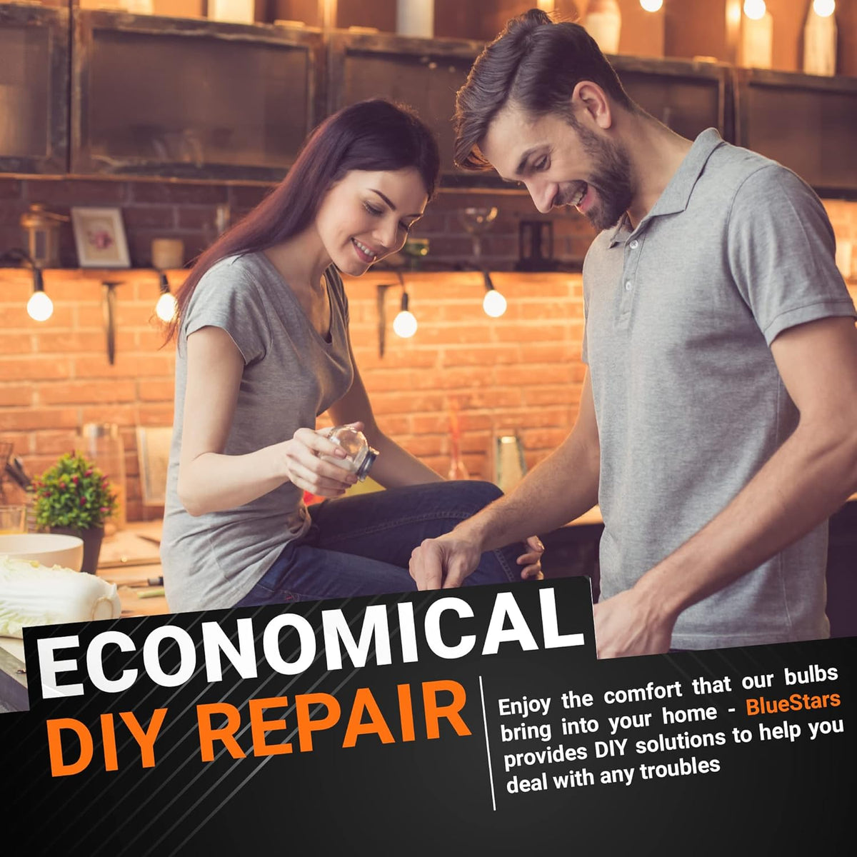 Couple in a kitchen using C35 E14 European base LED bulbs for DIY home lighting repair.