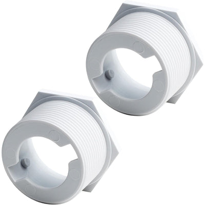 Two white 6-500-00 pool cleaner universal wall fitting (UWF) connectors shown from an angled perspective.