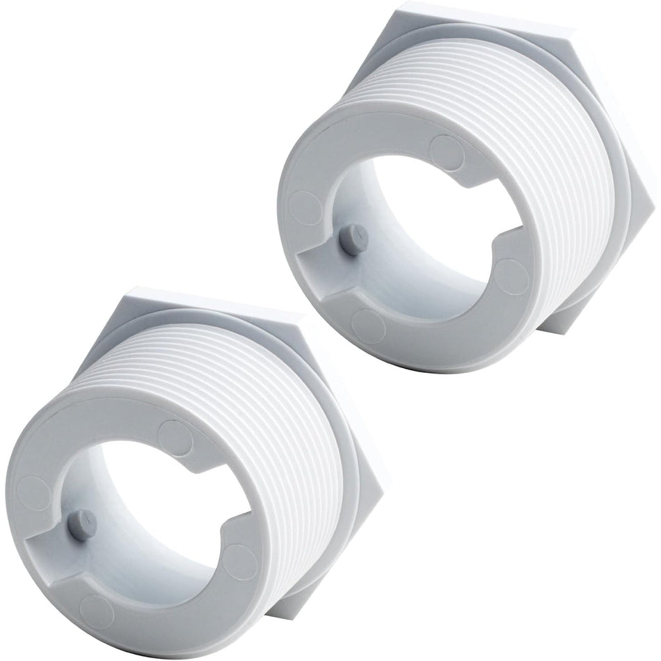 Two white 6-500-00 pool cleaner universal wall fitting (UWF) connectors shown from an angled perspective.