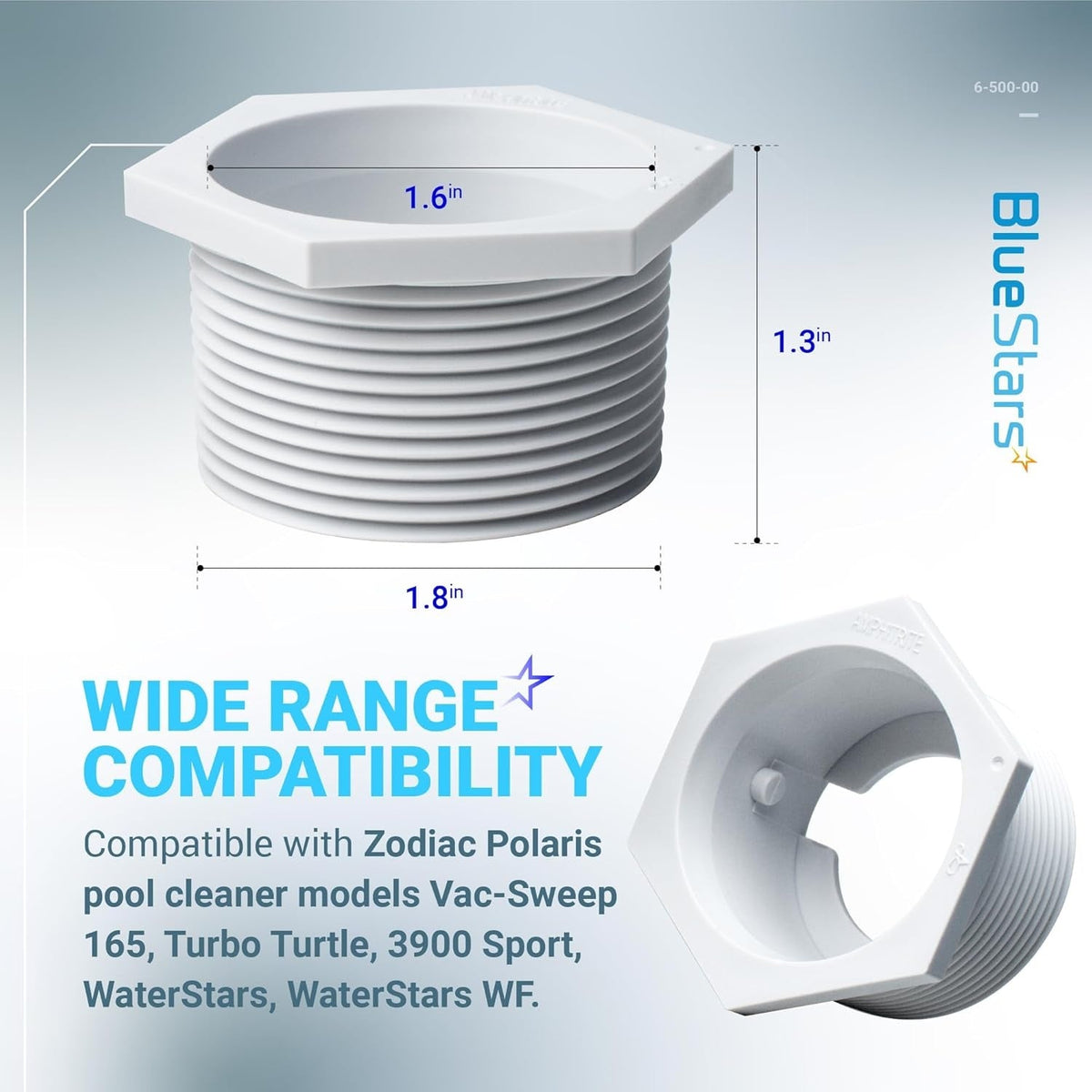 6-500-00 Pool Cleaner Universal Wall Fitting connector with dimensions shown in inches.