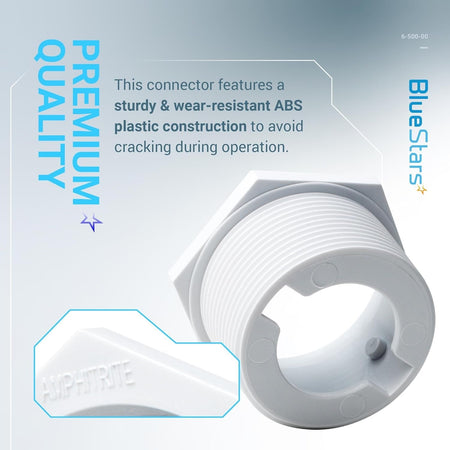 6-500-00 pool cleaner universal wall fitting connector in durable white ABS plastic with close-up detail.