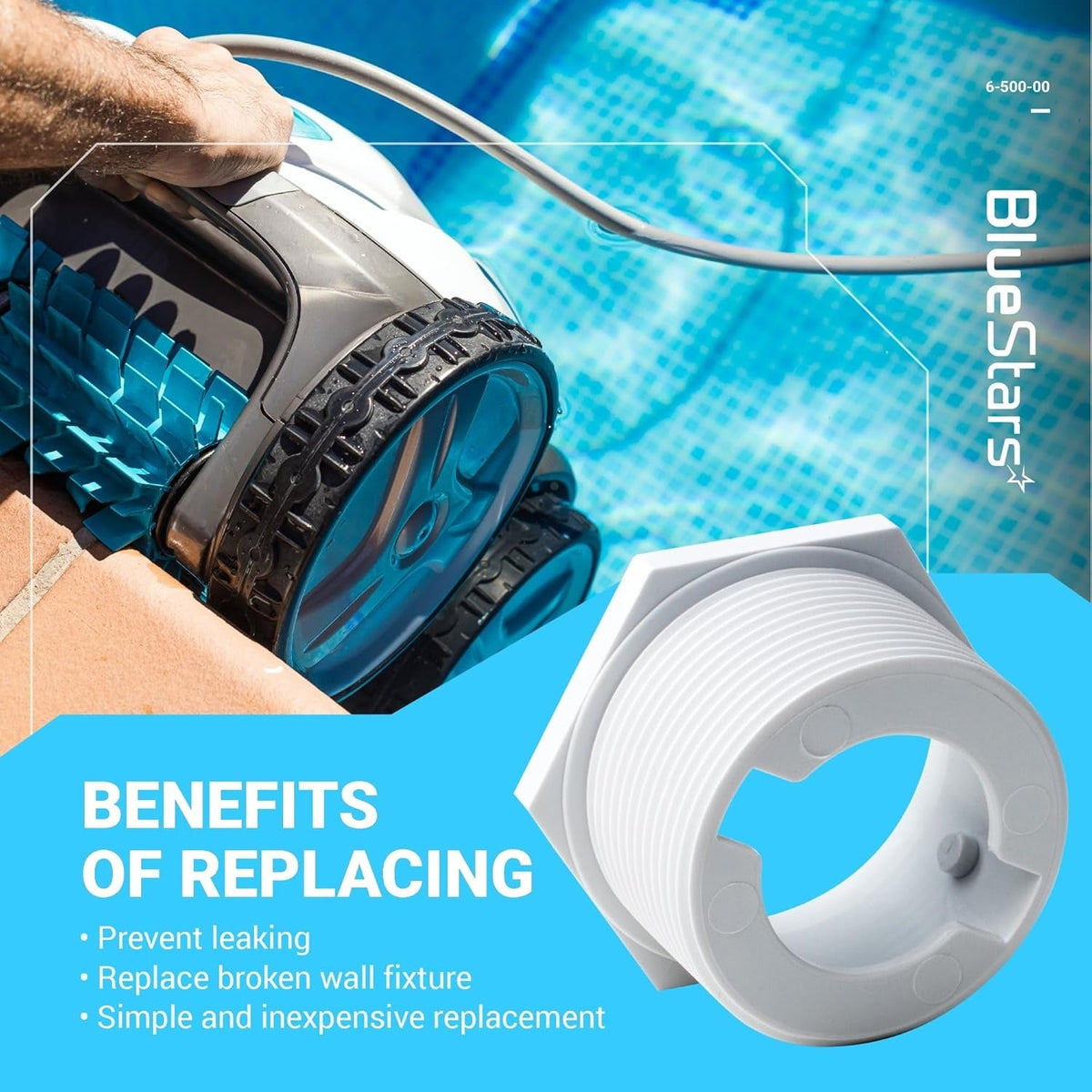 6-500-00 pool cleaner universal wall fitting connector replacement part shown in a close-up product graphic.