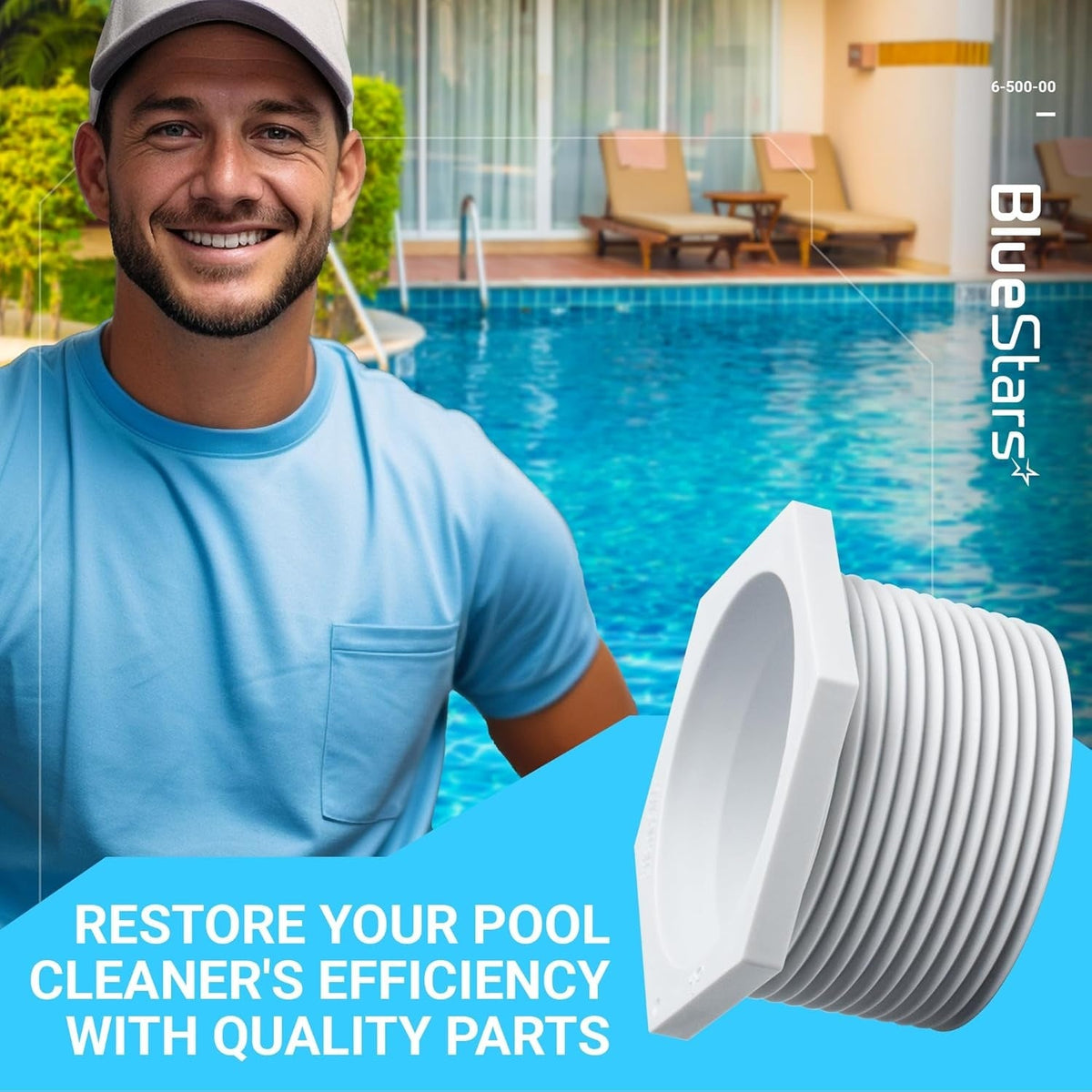 6-500-00 pool cleaner universal wall fitting connector replacement part shown in a lifestyle graphic.