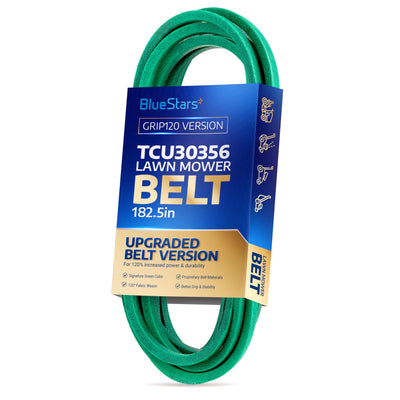 TCU30356 green mower deck belt in BlueStars branded packaging for John Deere ZTrak mowers.