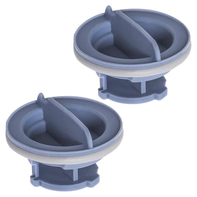 Two grey dishwasher detergent dispenser caps compatible with Whirlpool and Kenmore appliances.