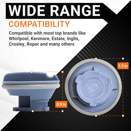 Side and top view of 8558307 dishwasher detergent dispenser cap with 1.5-inch and 0.9-inch dimension measurements.