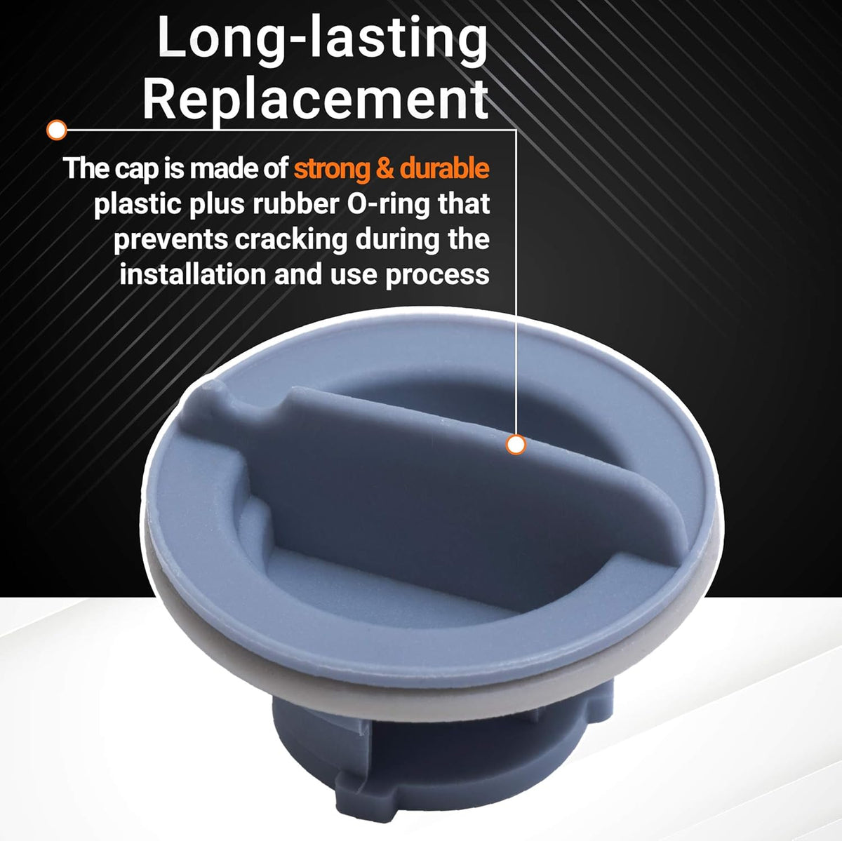 Close-up of 8558307 dishwasher dispenser cap showing durable plastic construction and rubber O-ring seal.