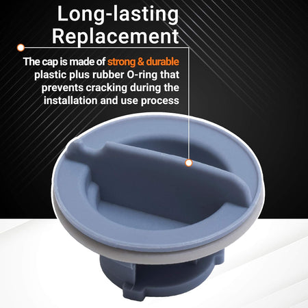 Close-up of 8558307 dishwasher dispenser cap showing durable plastic construction and rubber O-ring seal.