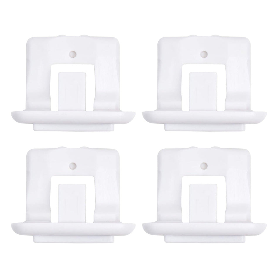Set of four white dishwasher upper rack slide end caps for GE, Kenmore, and Hotpoint dishwashers.