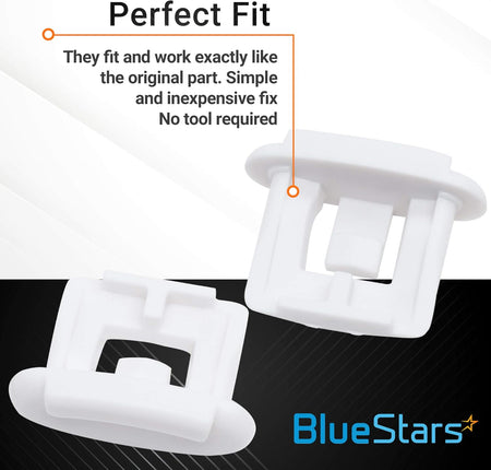 Two white WD12X10304 dishwasher upper rack slide end caps shown with a Perfect Fit informational graphic.