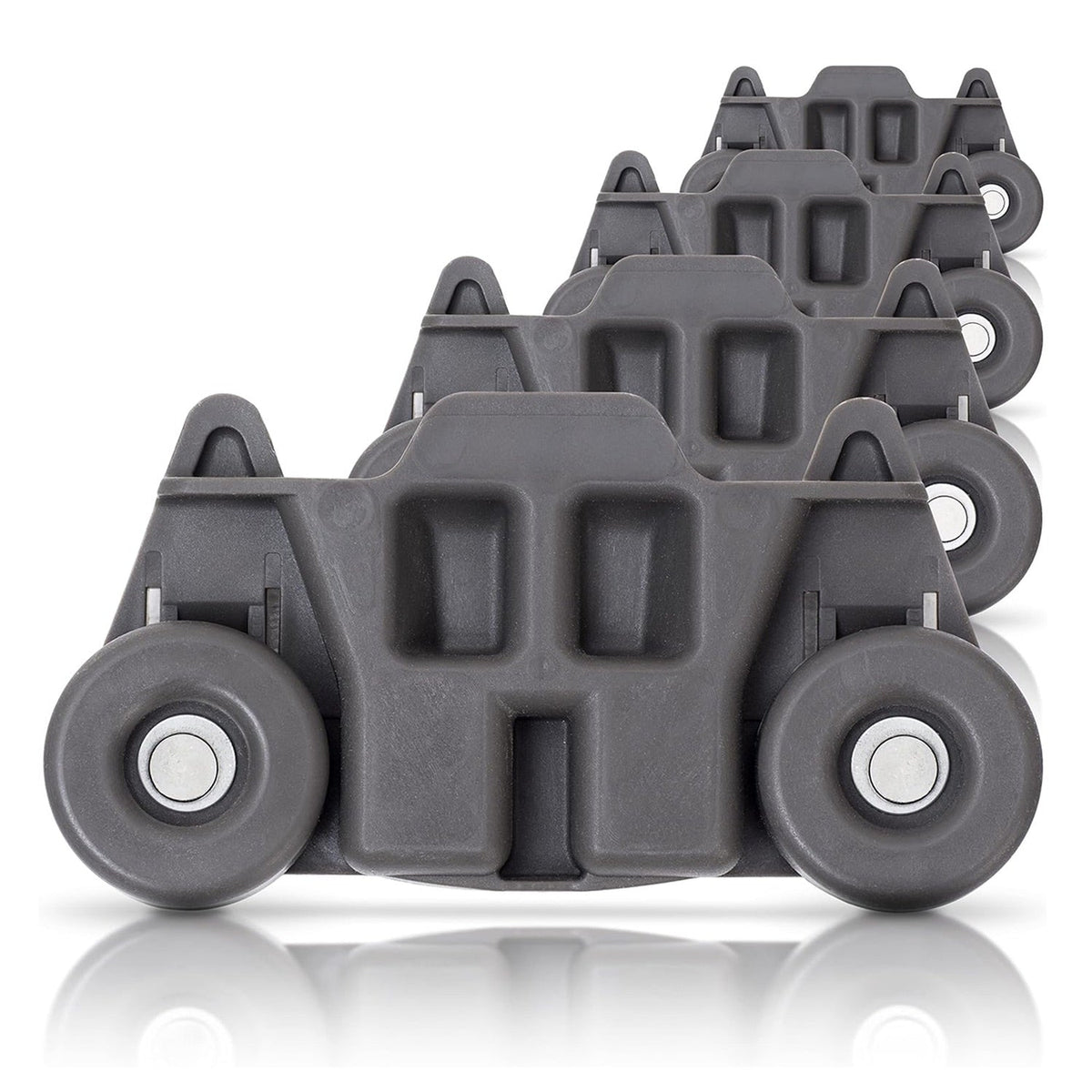 Set of four grey W10195416 dishwasher lower rack wheels for KitchenAid, Whirlpool, and Kenmore dishwashers.