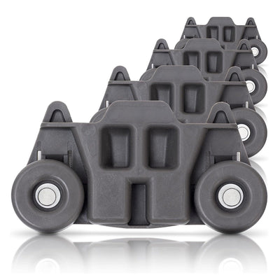 Set of four grey W10195416 dishwasher lower rack wheels for KitchenAid, Whirlpool, and Kenmore dishwashers.