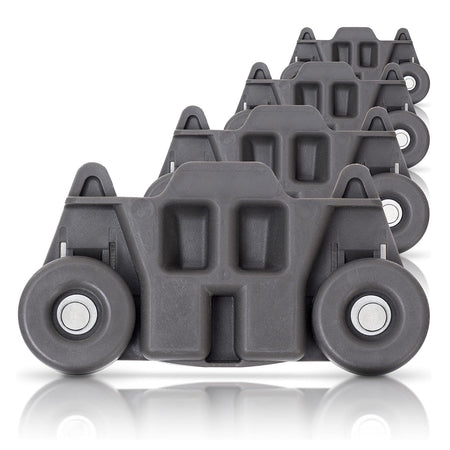 Set of four grey W10195416 dishwasher lower rack wheels for KitchenAid, Whirlpool, and Kenmore dishwashers.