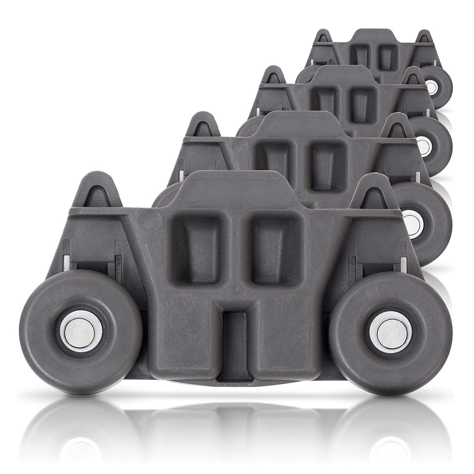 Set of four grey W10195416 dishwasher lower rack wheels for KitchenAid, Whirlpool, and Kenmore dishwashers.