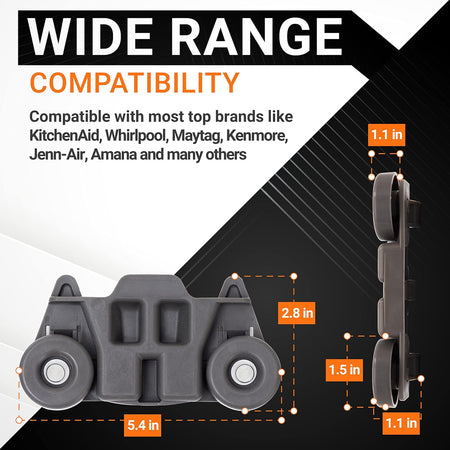 W10195416 dishwasher lower rack wheel showing dimensions and compatibility for KitchenAid, Whirlpool, and Kenmore.