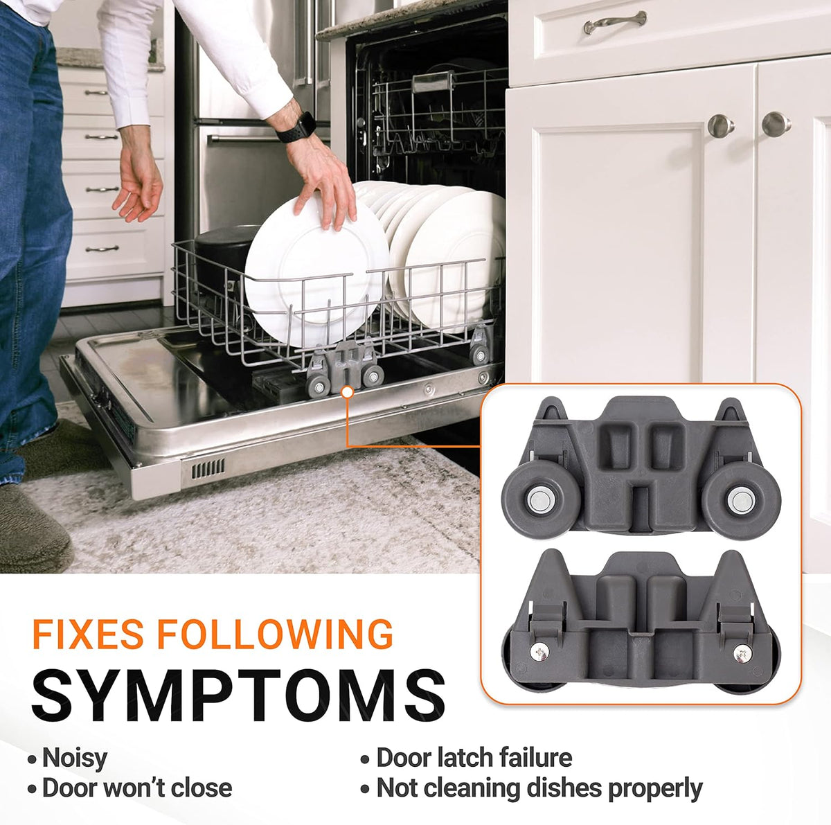 W10195416 dishwasher lower rack wheel assembly shown in a kitchen setting with a diagram of common repair symptoms.