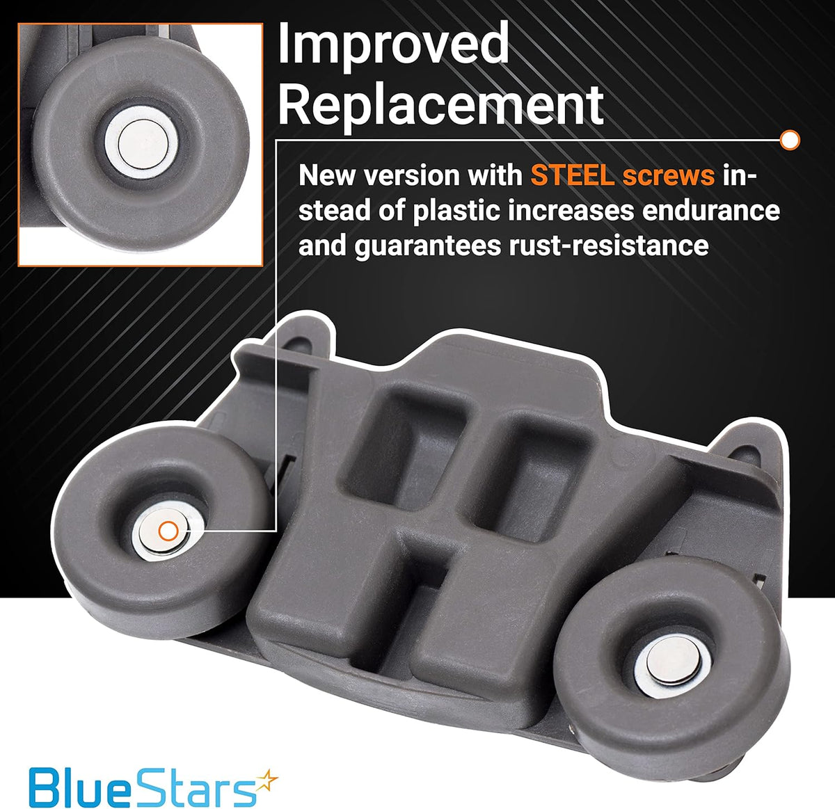 W10195416 dishwasher lower rack wheel assembly featuring upgraded steel screws for improved durability.