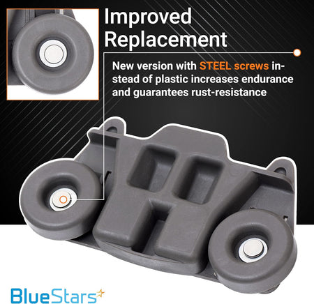 W10195416 dishwasher lower rack wheel assembly featuring upgraded steel screws for improved durability.