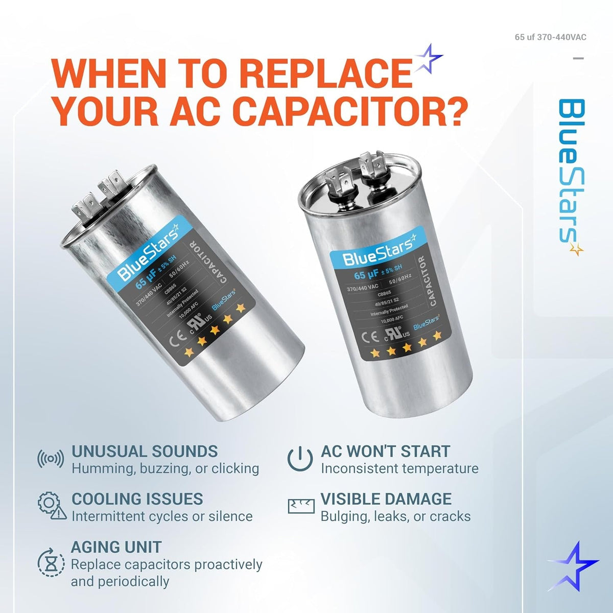 Infographic showing two 65 uF 370/440 VAC round run capacitors and signs indicating when to replace an AC capacitor.